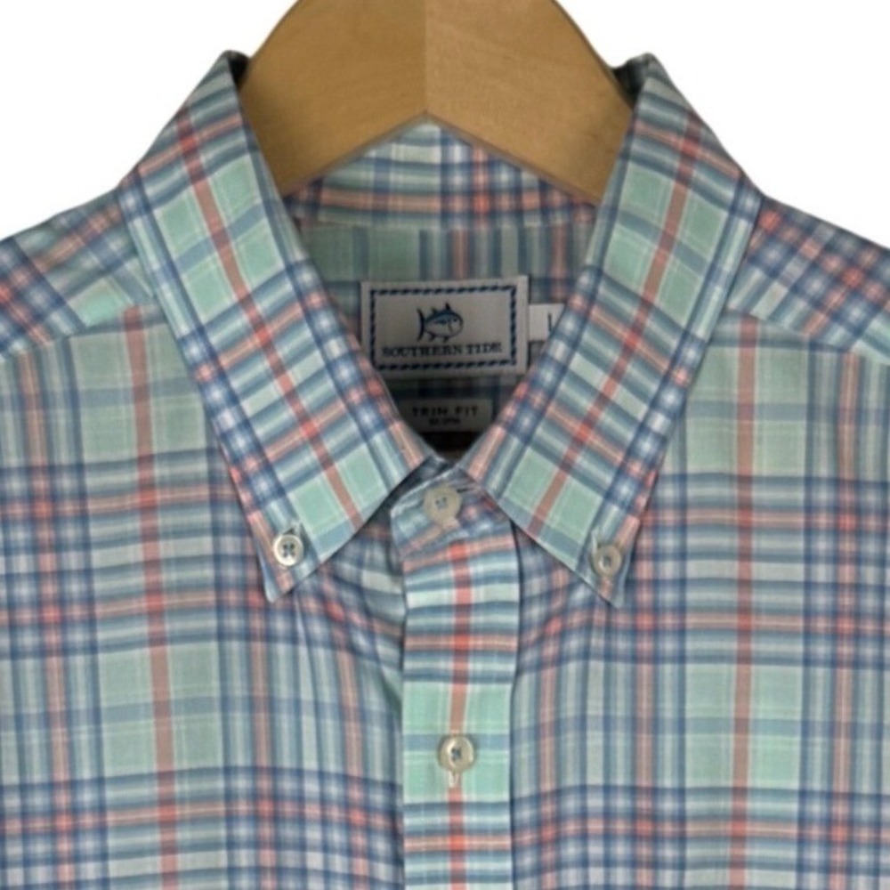 Southern Tide Trim Fit Plaid‎ Button Down Shirt Mens L Cotton Long Sleeve Green